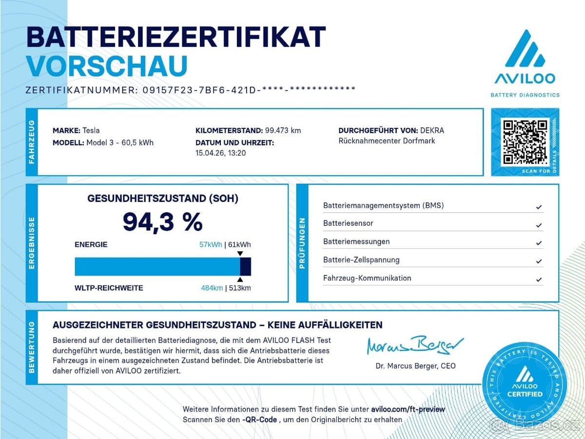 Tesla Model 3 SR+ / Tažné zař. / SOH 94.3% / NEHAVAROVÁNO