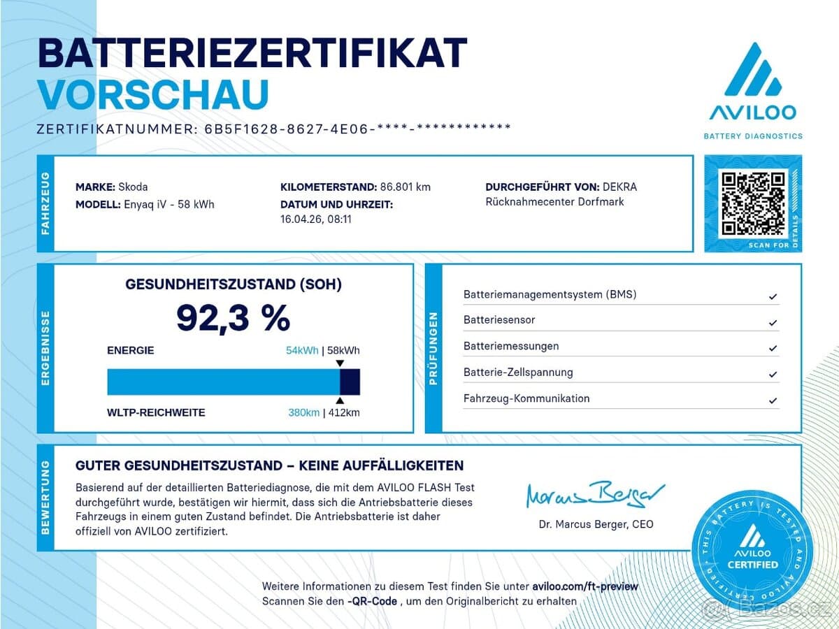 Škoda Enyaq 60 132kW/62kWh Clever+ SOH 92.3% / NEHAVAROVÁNO