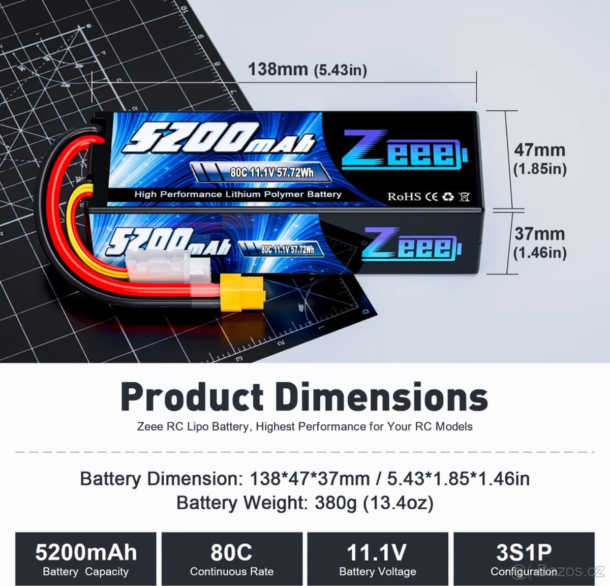 Baterie Zeee 3S LiPo 5200mAh 11,1V 80C s konektorem T -2ks