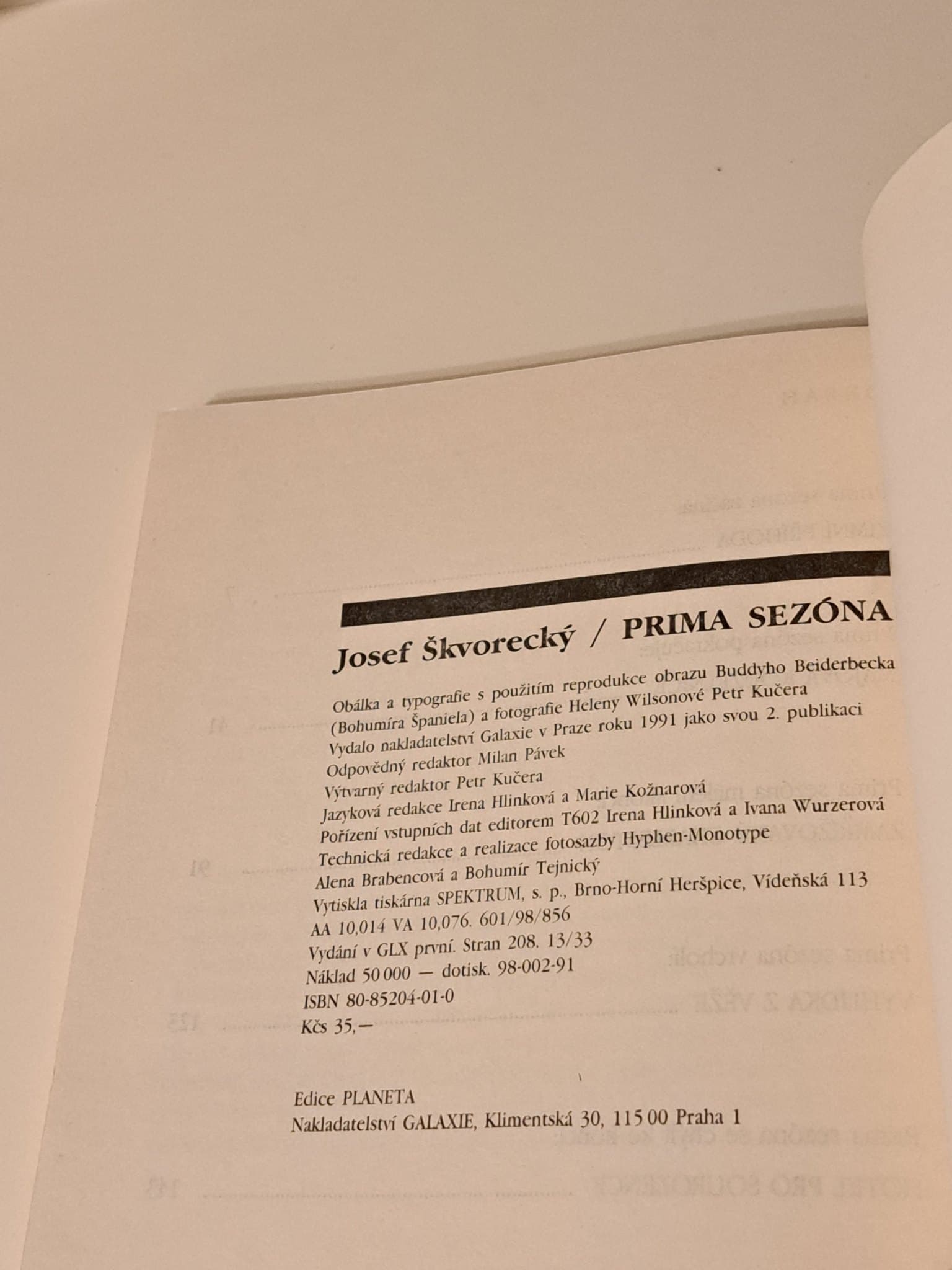 Kniha Josefa Škvoreckého - Prima sezóna. (1991)